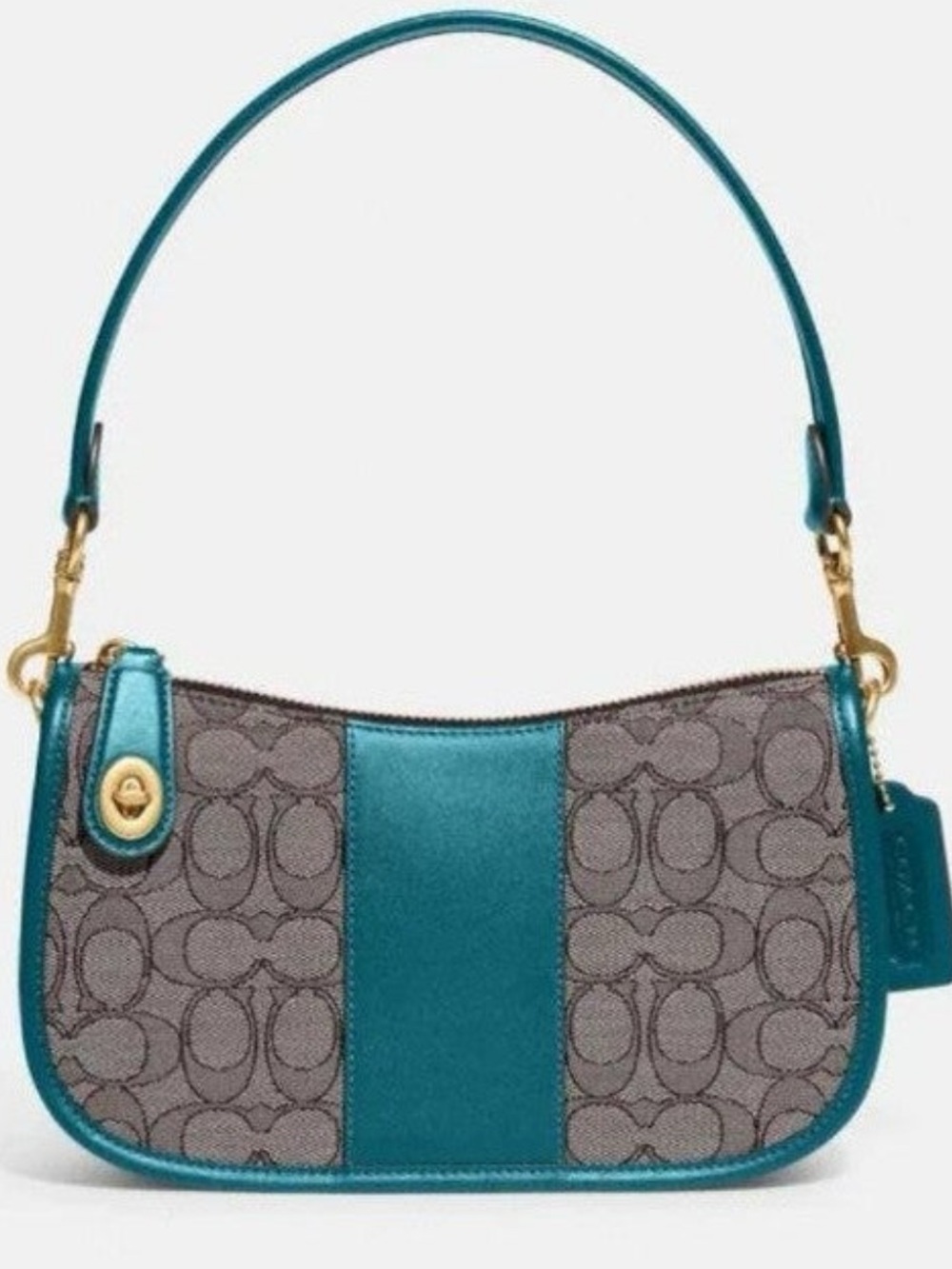 Coach Swinger in Sinature jacquard Teal soft leather and  brownSignature-Pattern